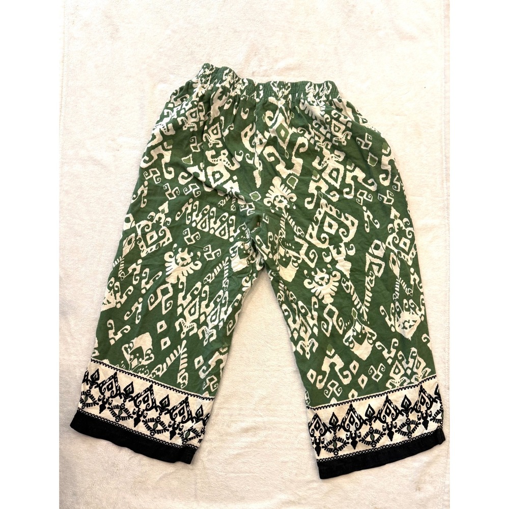 Haute Hippie Style Green Ikat Wide Leg Boho‎ Pants Plus Size 2X Elastic Waist - Picture 6 of 9